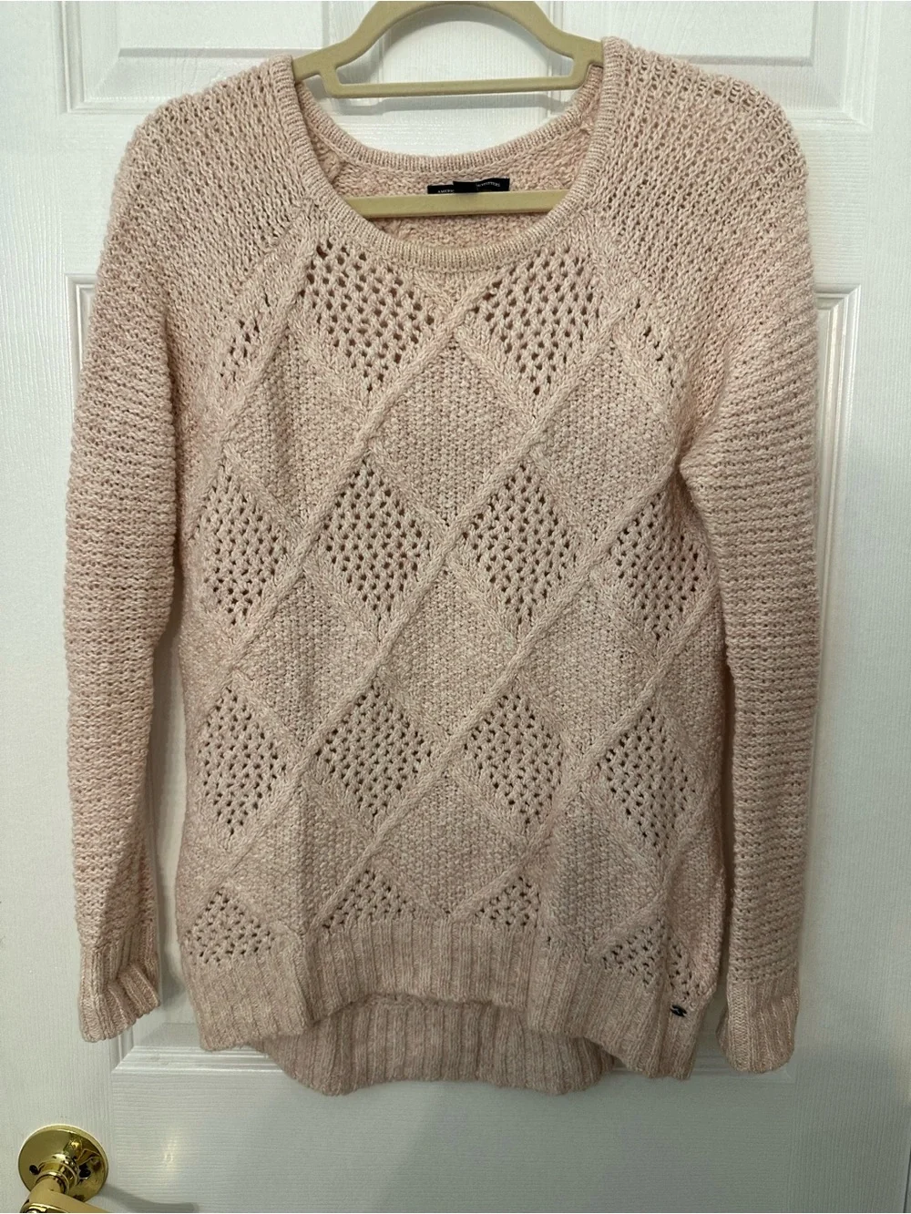 American Eagle Outfitters Blush Pink Open-Knit Diamond Crewneck Sweater
